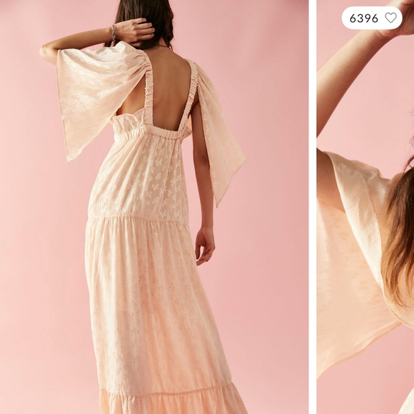 RARE** Free People Pink Maxi Dress with Flutter Sleeves and V-Neck - Picture 7 of 7